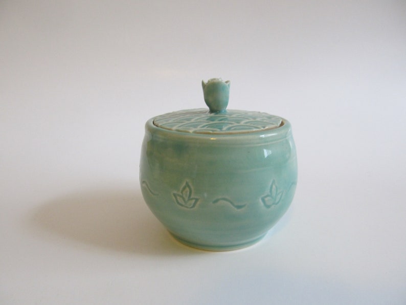 Handmade ceramic Jar, Sugar bowl, Pottery Jar with lid, hand carved designs, Bermuda green, Unique gift idea, READY TO SHIP image 1