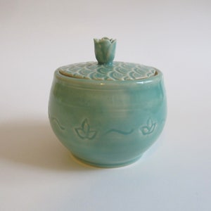 Handmade ceramic Jar, Sugar bowl, Pottery Jar with lid, hand carved designs, Bermuda green, Unique gift idea, READY TO SHIP image 5