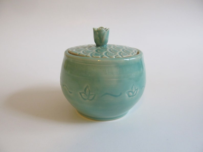 Handmade ceramic Jar, Sugar bowl, Pottery Jar with lid, hand carved designs, Bermuda green, Unique gift idea, READY TO SHIP image 5