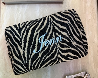 Custom Zebra Cosmetic Bag – Personalized Embroidered Toiletry Travel Pouch - Embroidered Zebra Pouch