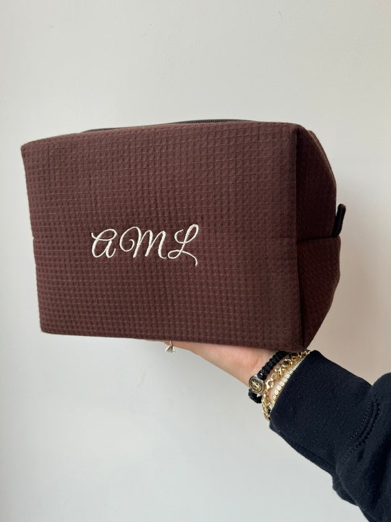 Custom Make Up Bag - Chocolate Brown Make Up Bag - Waffle Weave Cosmetic Bag