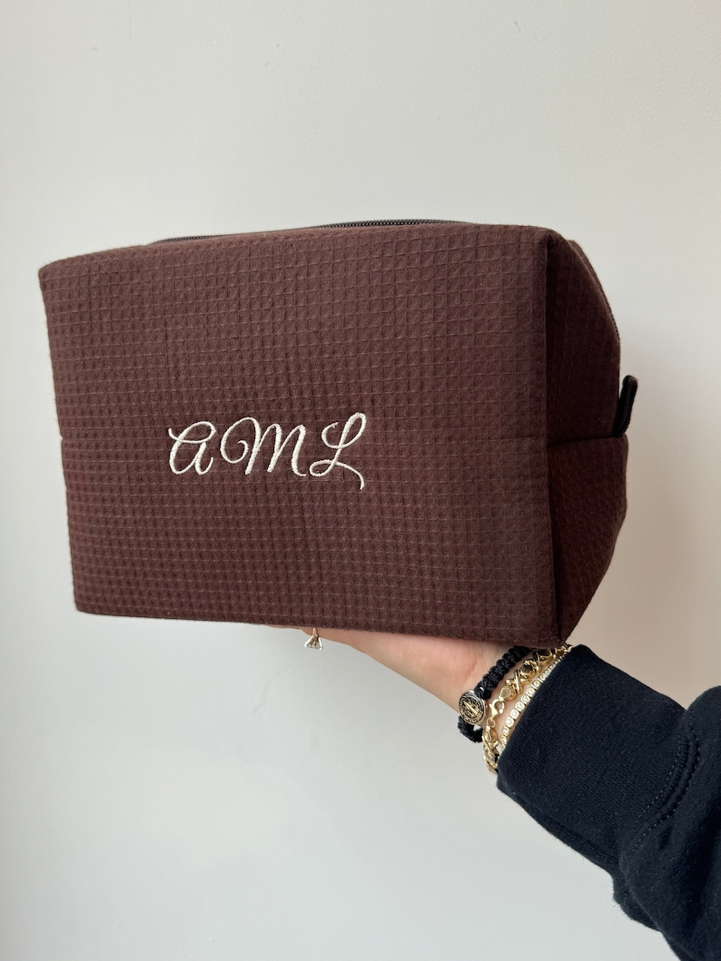 Custom Make Up Bag - Chocolate Brown Make Up Bag - Waffle Weave Cosmetic Bag image 1