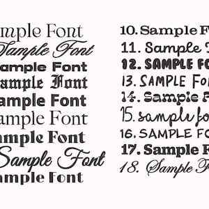 May include: A collection of 18 different font styles, numbered 1 through 18, showing the text "Sample Font" in each style.