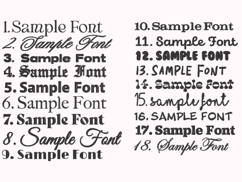 May include: A collection of 18 different font styles, numbered 1 through 18, showing the text "Sample Font" in each style.
