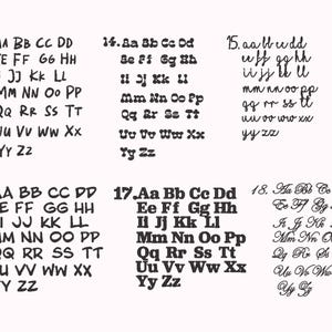 May include: A black and white image showing 18 different fonts, each with the alphabet from A to Z. The fonts are handwritten and have a casual, playful style.