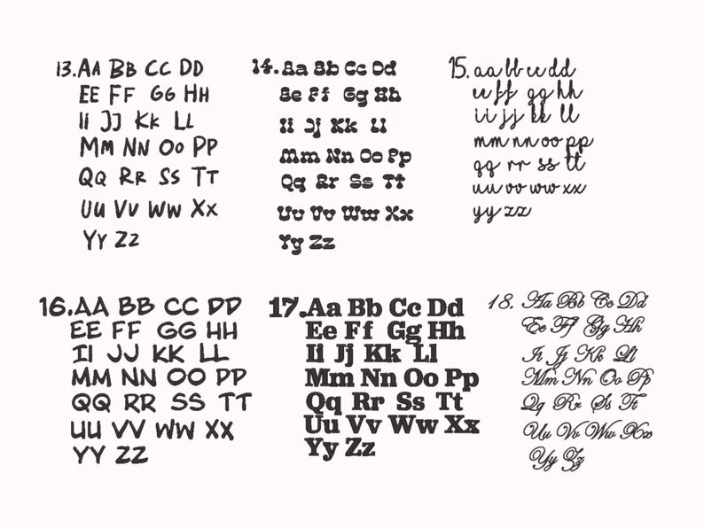 May include: A black and white image showing 18 different fonts, each with the alphabet from A to Z. The fonts are handwritten and have a casual, playful style.
