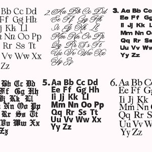 May include: Six different alphabet charts with the letters A through Z in a variety of fonts. Each chart is numbered 1 through 6.