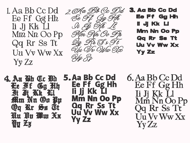 May include: Six different alphabet charts with the letters A through Z in a variety of fonts. Each chart is numbered 1 through 6.