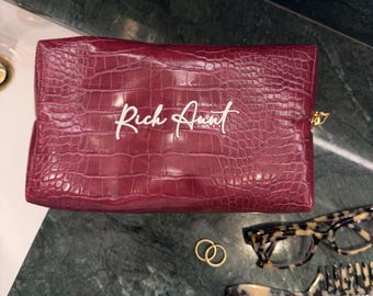 Embroidered Croc Cosmetic Bag - Burgundy Cherry Red, Custom Toiletry Travel Pouch