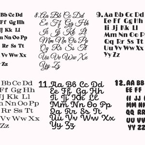 May include: A black and white image showing 6 different alphabet charts. Each chart is labeled with a number from 7 to 12. The charts show the letters of the alphabet in cursive, starting with the letter 'A' and ending with the letter 'Z'.