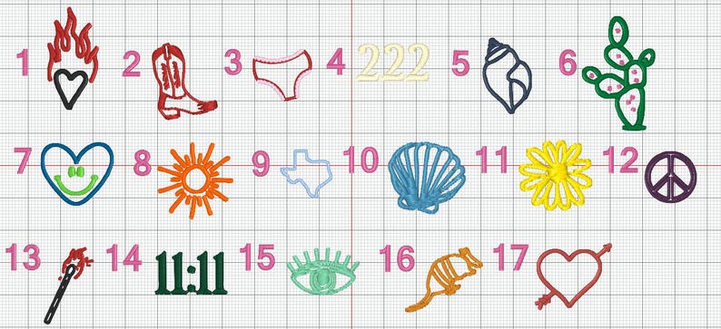 May include: A numbered chart with 17 different colorful embroidered patches. The patches include a heart with flames, a cowboy boot, a pair of underwear, a seashell, a cactus, a smiley face heart, a sun, a Texas outline, a seashell, a daisy, a peace sign, a match, the number 11:11, an eye, a bandicoot, a heart with an arrow, and a cactus.