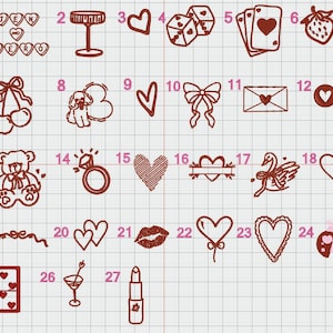 May include: A grid of 27 red and pink Valentine's Day themed illustrations. The illustrations include hearts, cherries, a teddy bear, a ring, a swan, a strawberry, dice, playing cards, a bow, a letter, a lipstick, a martini glass, and a table with a glass on top.