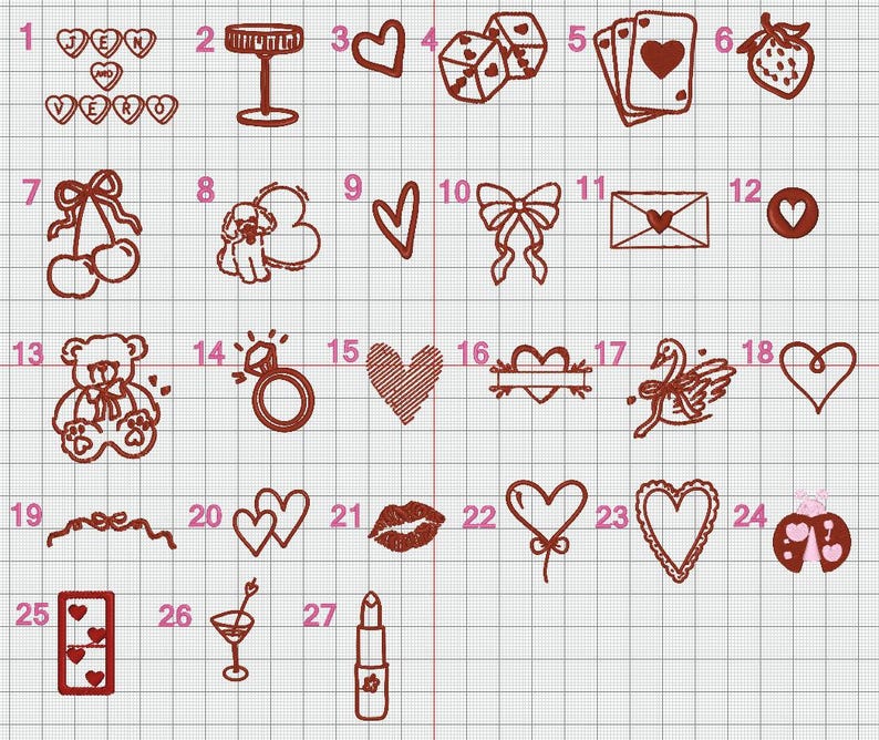 May include: A grid of 27 red and pink Valentine's Day themed illustrations. The illustrations include hearts, cherries, a teddy bear, a ring, a swan, a strawberry, dice, playing cards, a bow, a letter, a lipstick, a martini glass, and a table with a glass on top.
