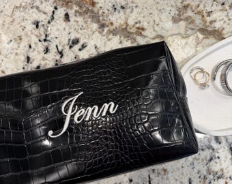 Personalized Black Croc Cosmetic Bag – Embroidered Toiletry Travel Pouch