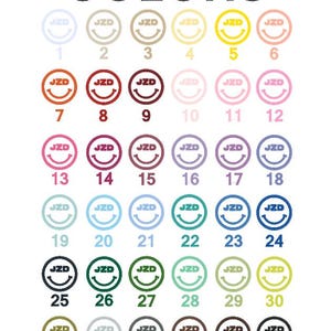 May include: A chart of 36 different colors, each represented by a smiley face with the text "JZD" inside. The colors are arranged in rows of six, with numbers 1 through 36 below each color.