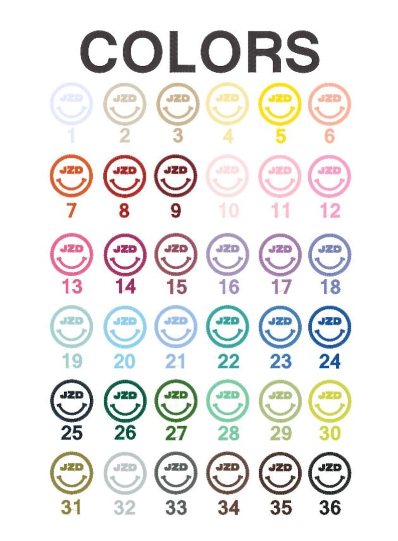 May include: A chart of 36 different colors, each represented by a smiley face with the text "JZD" inside. The colors are arranged in rows of six, with numbers 1 through 36 below each color.