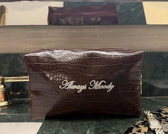 Embroidered Brown Croc Cosmetic Bag - Personalized Toiletry Travel Pouch