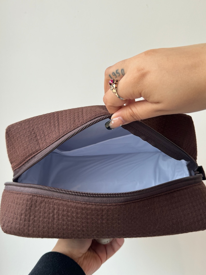 Custom Make Up Bag - Chocolate Brown Make Up Bag - Waffle Weave Cosmetic Bag image 2
