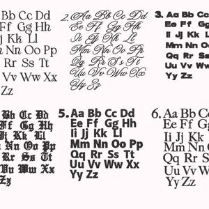 May include: A black and white chart displaying six distinct alphabet font styles, numbered one through six. Each set includes uppercase and lowercase letters from A to Z, presented in a grid format for comparison of different typography designs.