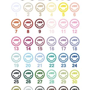 May include: A color chart titled COLORS featuring thirty-six circular icons arranged in a grid. Each icon displays a smiley face with the letters JZD centered inside. The icons are numbered one through thirty-six, showcasing a wide variety of thread colors ranging from pastels and bright tones to dark shades and neutrals.