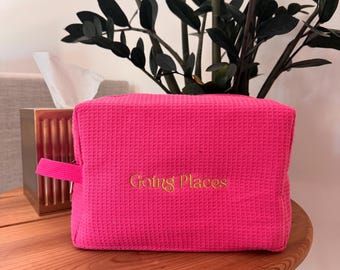 Hot Pink Cosmetic Bag - Custom Cosmetic Bag - Waffle Travel Cosmetic Bag - Custom Toiletry Bag