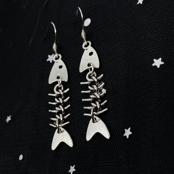 Fish bone dangle earrings, antique silver metal fish skeleton charms, cute cool punk edgy goth gothic jewelry