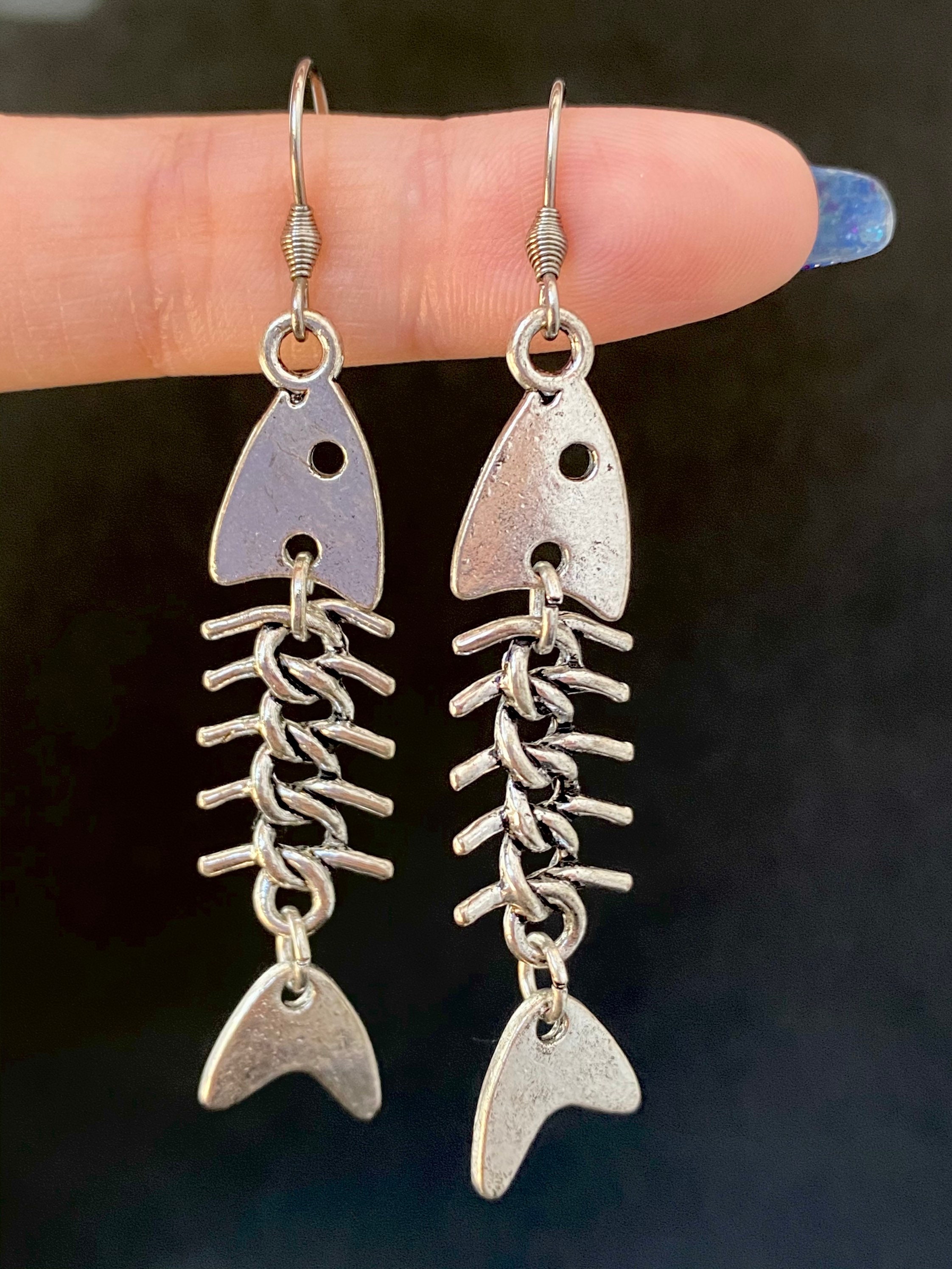 Fish bone dangle earrings antique silver metal fish skeleton Etsy