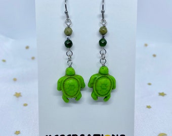 Sea turtle dangle earrings, faceted gemstone beads, hypoallergenic stainless steel ear hooks, honu charms, cute beachy jewelry