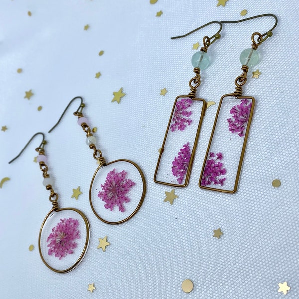 Pressed flower resin dangle earrings, gemstone beads, antique bronze wire wrapped jewelry