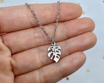 Monstera leaf charm necklace, stainless steel pendant, 1.5mm tarnish resistant chain, cute dainty minimalist jewelry, gifts for her