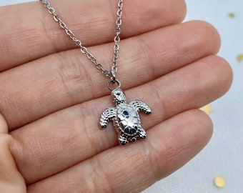 Turtle charm necklace, stainless steel honu pendant, 1.5mm tarnish resistant chain, cute dainty minimalist jewelry, gifts for her