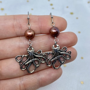 Octopus dangle earrings, freshwater pearl beads, hypoallergenic stainless steel ear hooks, silver plated charms, cute beachy jewelry