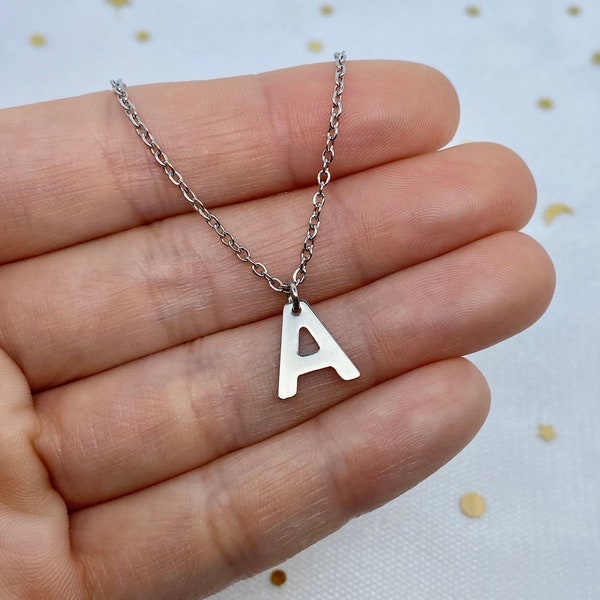 Initial charm necklace, A-Z stainless steel letter pendants, dainty minimalist jewelry, matching BFF couples gift, gifts for her and him