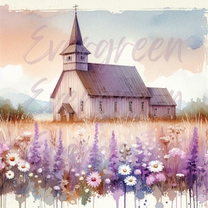 Kirche Land Szene, Bauernhaus, Blumen, Sofort Download, bedruckbar, Sublimation, Decoupage, Holz, Dosen, Etiketten, Kunsthandwerk