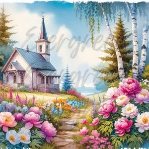 Church Bundle, 4 Styles, Primitive Farmhouse, Flowers, Instant Download, Printable, Sublimation, Decoupage, Wood, Cans, Labels, Crafts