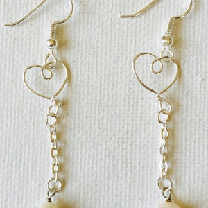 Silver Wire Tiny Heart Dangling Pearl Earrings image 5