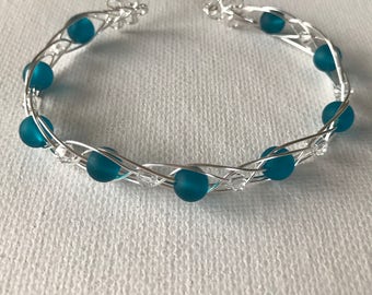 Turquoise Sea Glass And Crystal Silver Woven Wire Cuff Bracelet