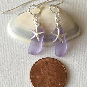 Hawaii Sea Glass Lavendar Sterling Silver Wire Wrapped Silver Starfish Charm Earrings image 3