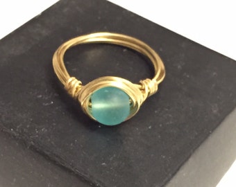 Blue Sea Glass Gold Wire Wrapped Solitaire Ring