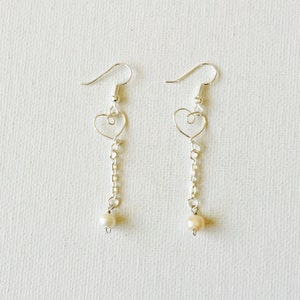 Silver Wire Tiny Heart Dangling Pearl Earrings image 1