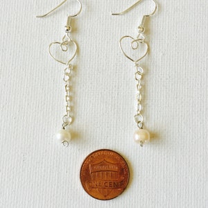 Silver Wire Tiny Heart Dangling Pearl Earrings image 4