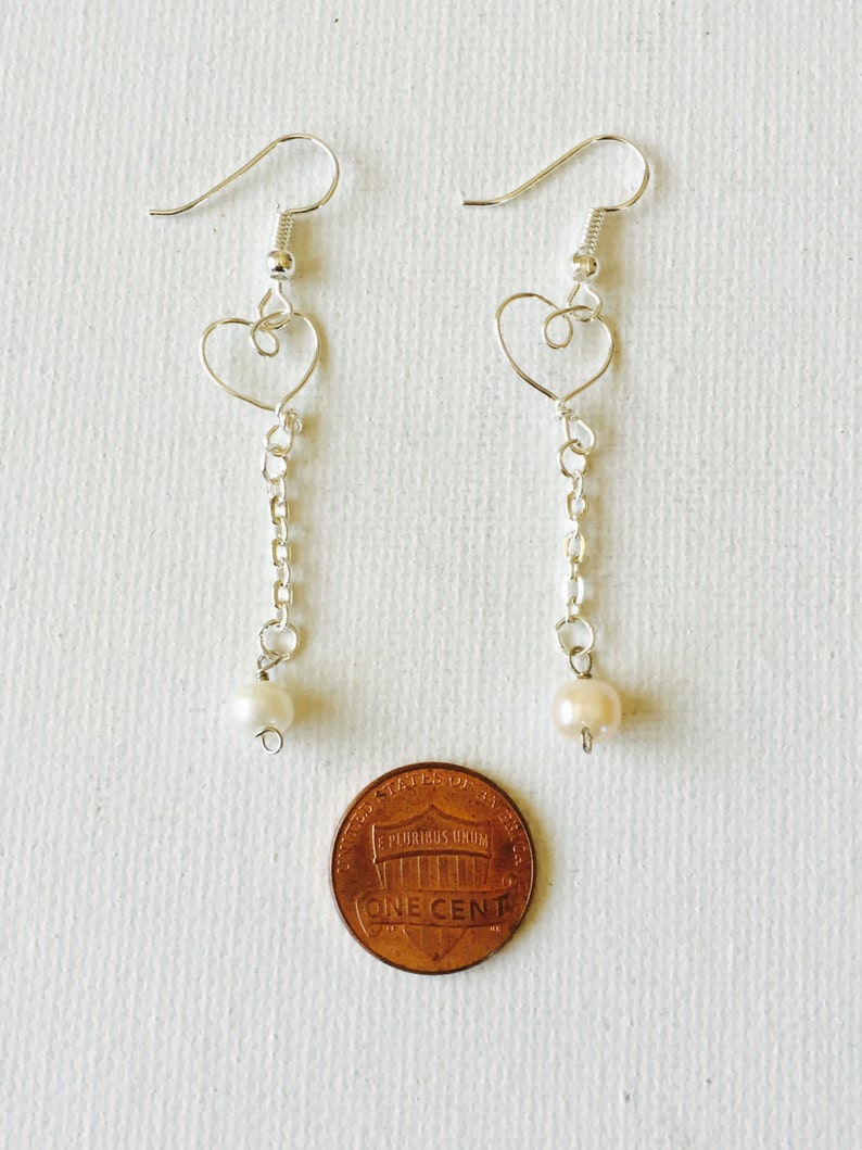 Silver Wire Tiny Heart Dangling Pearl Earrings image 4