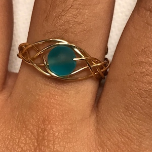 Blue Sea Glass Gold Filled Woven Wire Adjustable Ring