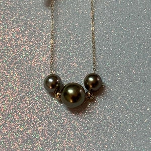 Hawaii Gorgeous 12MM & 10MM Triple Tahitian Pearl Floating Necklace With Gold Filled Spacer Beads
