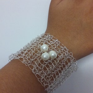 Silver Crochet Wire Cuff Bracelet With Chunky Freshwater Pearls