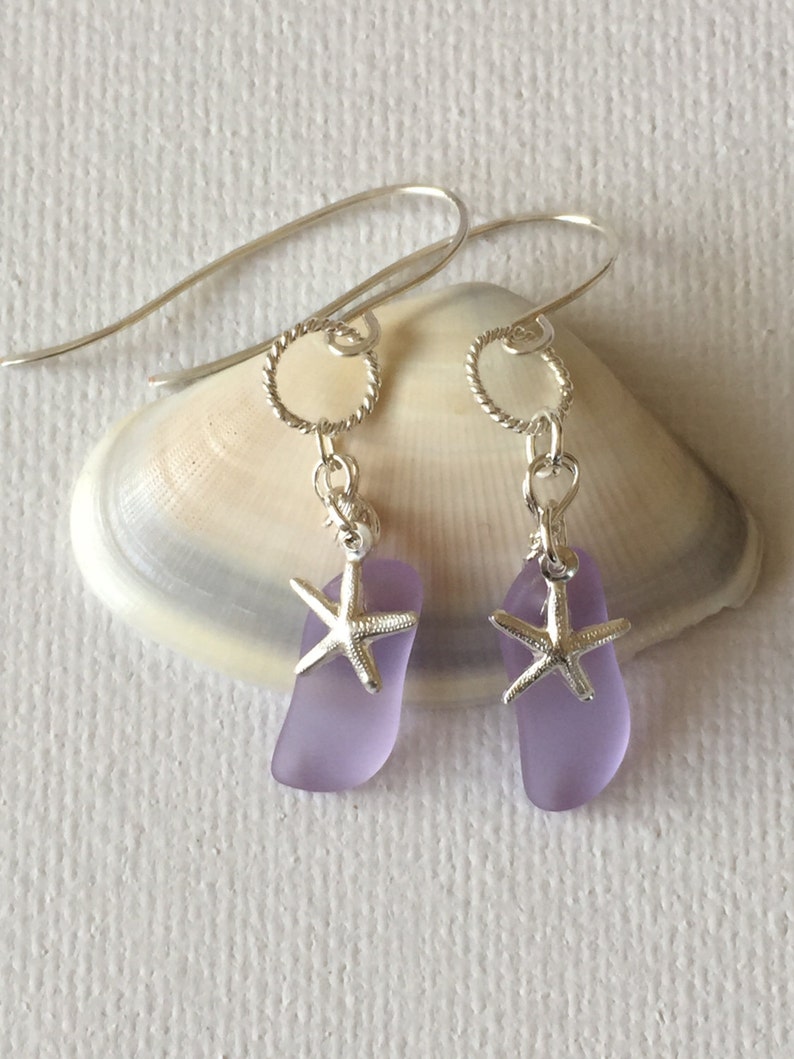 Hawaii Sea Glass Lavendar Sterling Silver Wire Wrapped Silver Starfish Charm Earrings image 4