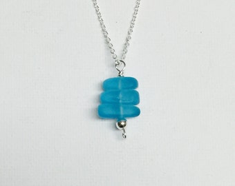 Blue Triple Sea Glass Silver Wire Necklace With Silver Filled Bead