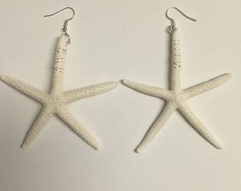 Hawaii 2” Real Starfish Silver Or Gold  Wire Wrapped Dangling Earrings