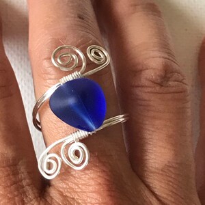 Blue Sea Glass Silver Spiral Wire Ring image 5