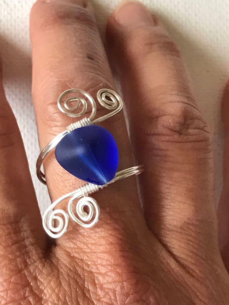 Blue Sea Glass Silver Spiral Wire Ring image 5